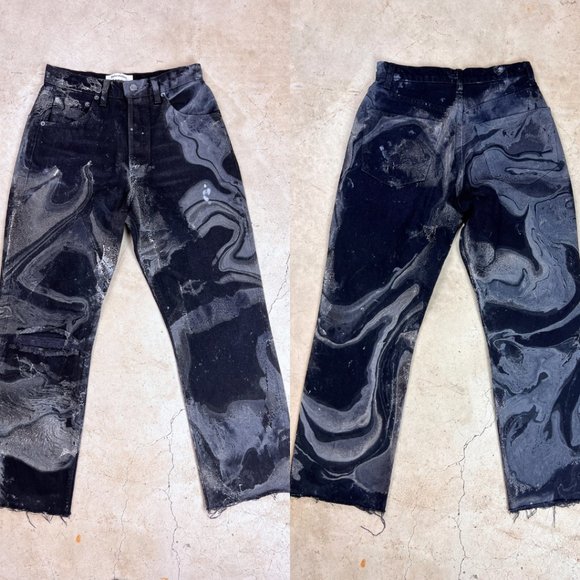 Reformation Marble Painted Cropped Distressed Black Raw Hem Jeans - 25 Waist - Picture 1 of 6